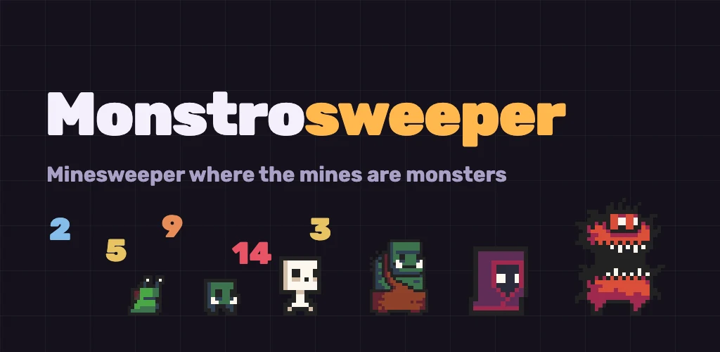 Monstrosweeper feature art: the title above a row of pixel monsters and glowing numbers
